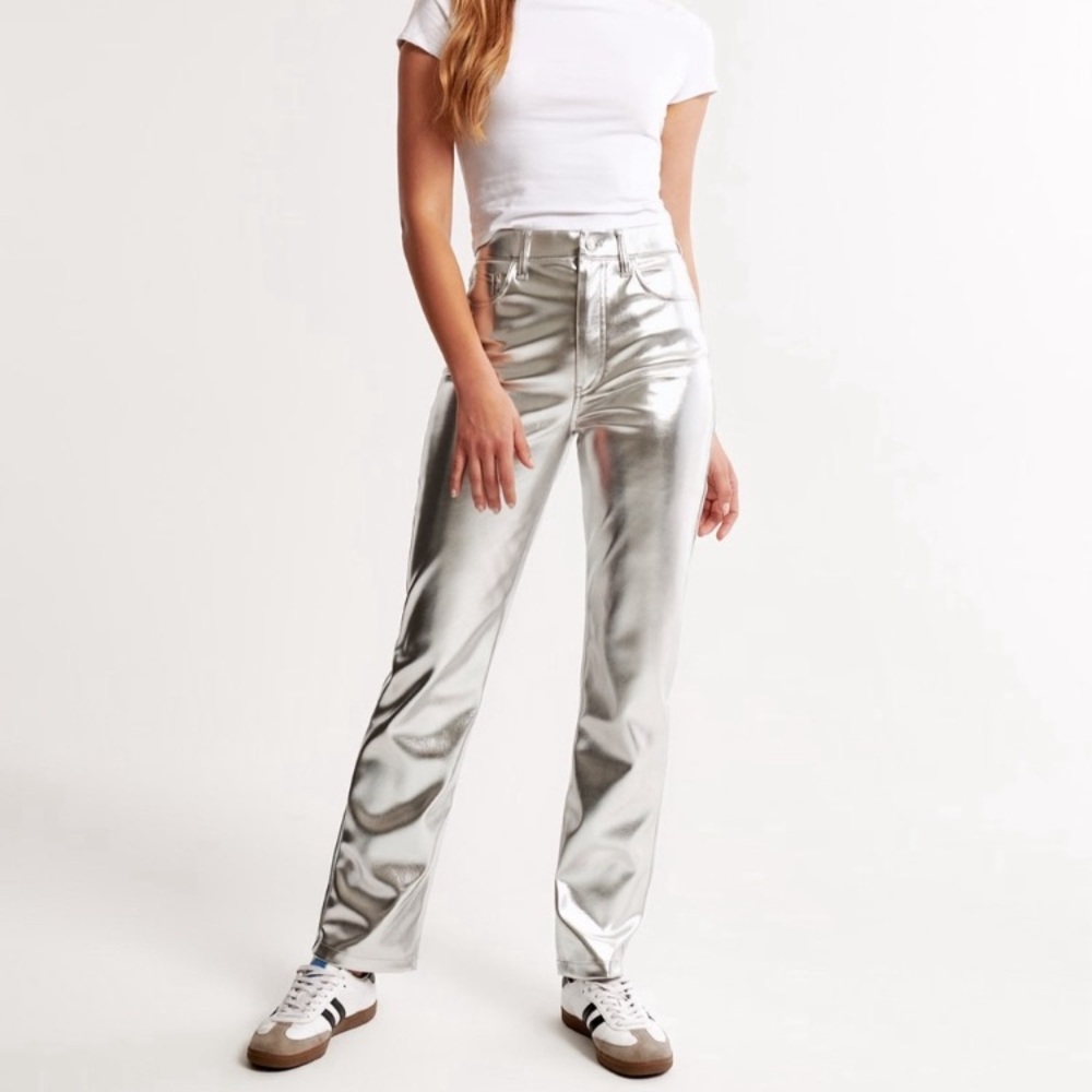 Abercrombie & Fitch The 90s Straight Ultra High Rise Silver Vegan Leather Pants